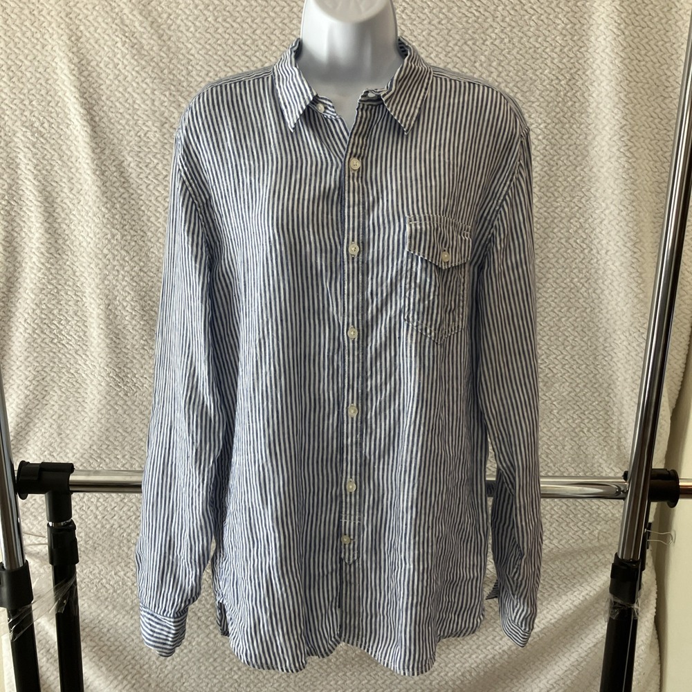 Lucky Brand Women's 100% Linen Striped‎ Button Up Medium Shirt Coastal Preppy